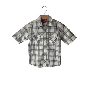 Montage Button Up Shirt Boys Size 6 White Gray Plaid Short Sleeve Pockets Collar